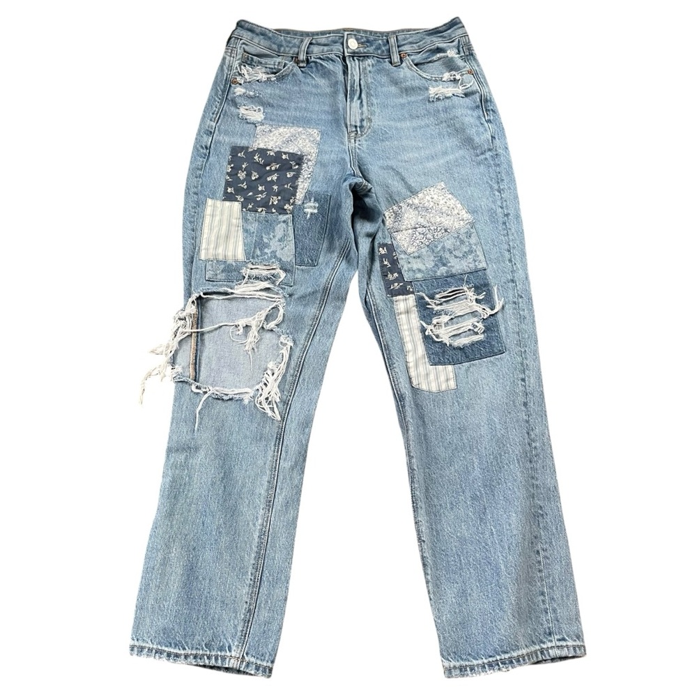 American Eagle Distressed Patchwork Mom Straight … - image 1